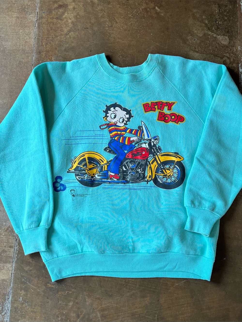 Vintage 1996 Betty Boop Biker Teal Blue 90s Fleece Sweatshirt Large L USA Made